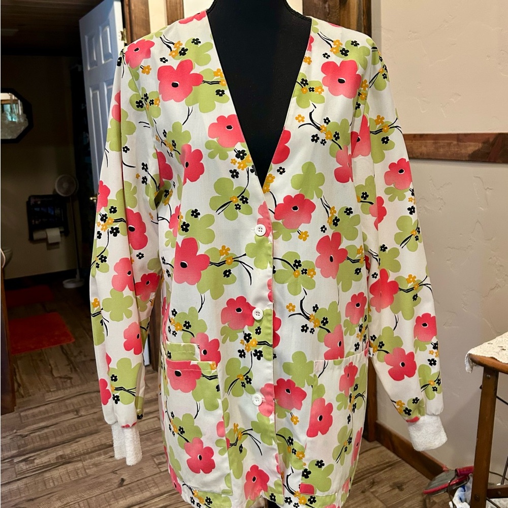 Cherokee Pink and White Floral Scrub Jacket